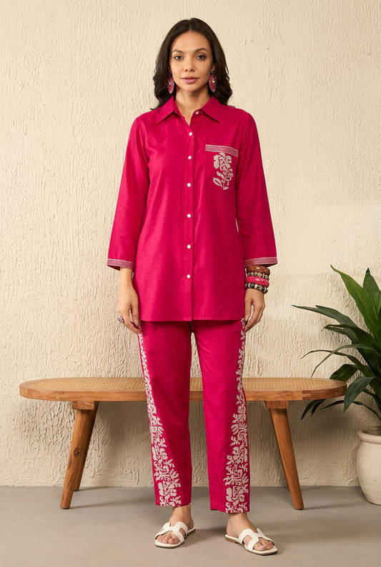 Pink Silk Blend Solid Embroidered Regular Coord Sets 