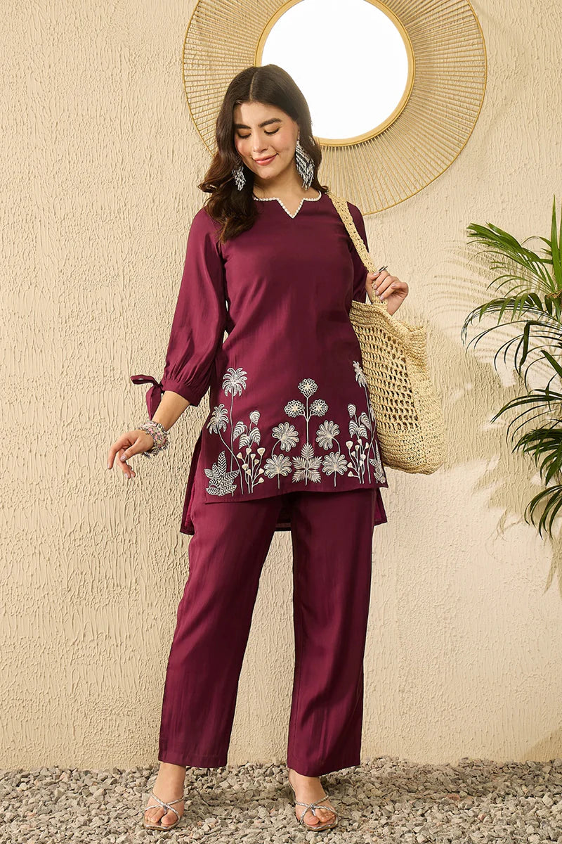 Purple Silk Blend Solid Embroidered Coord Sets 