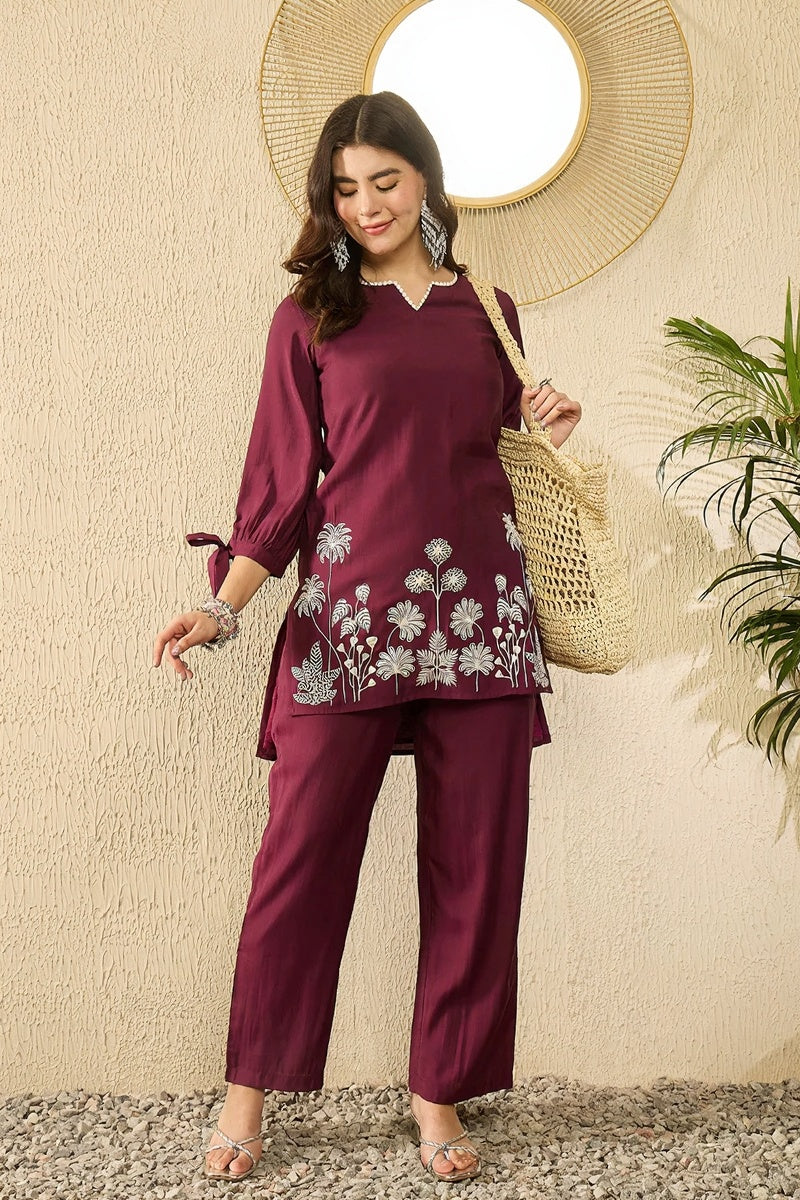 Purple Silk Blend Solid Embroidered Coord Sets 