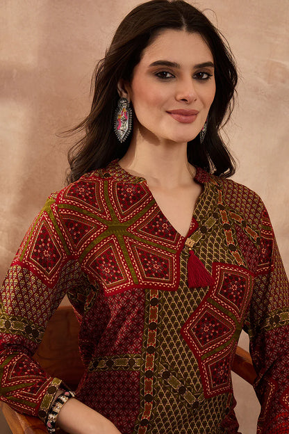 Red Viscose Rayon Printed Straight Coord Sets