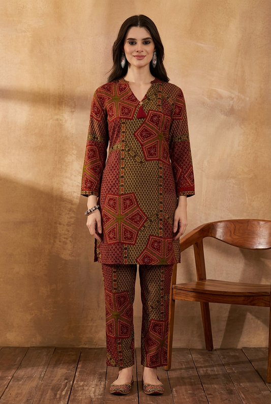 Red Viscose Rayon Printed Straight Coord Sets