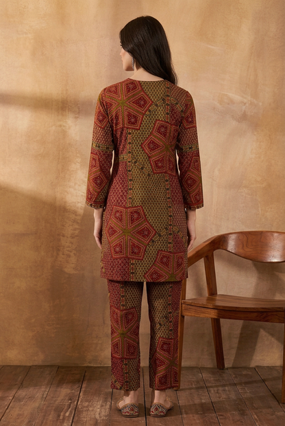 Red Viscose Rayon Printed Straight Coord Sets