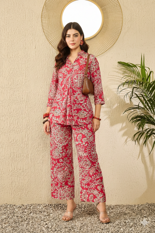 Red Rayon Blend Floral Printed Co-Ord Set
