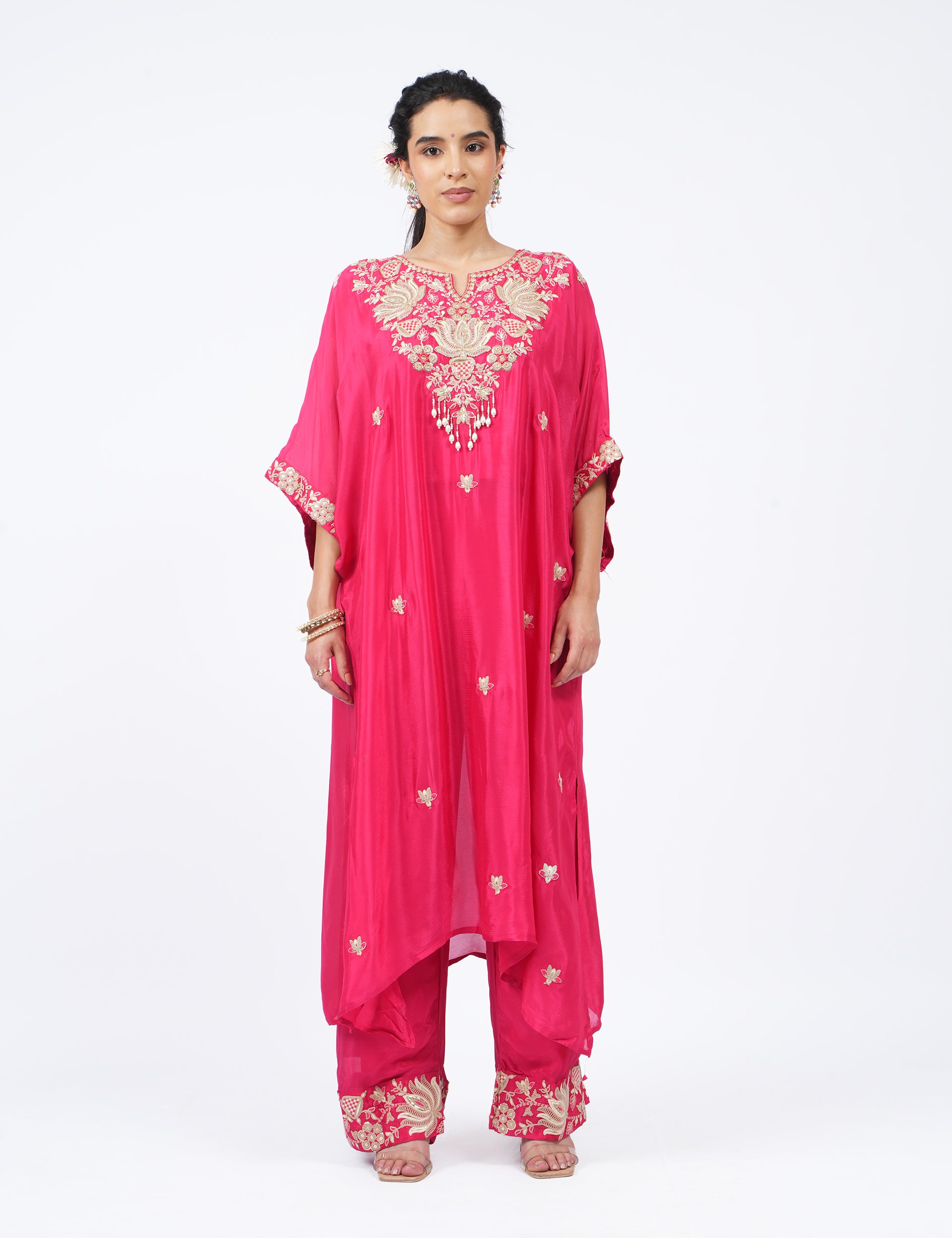 dhartii  Crimson Charming Red Embroidered Chinon Co-Ord Set