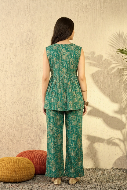 Teal Green Rayon Blend Ikkat Printed Co-ord Sets
