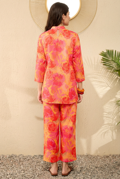Yellow Rayon Blend Floral Printed Tunic With Palazzo Co-ord Sets