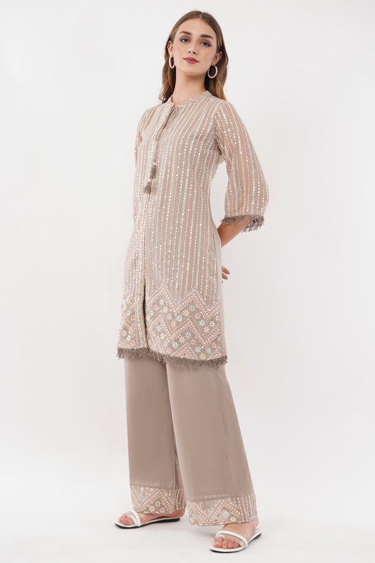 Beige Georgette Georgette Embroidered Pastel Co-Ord Set - Set Of 2