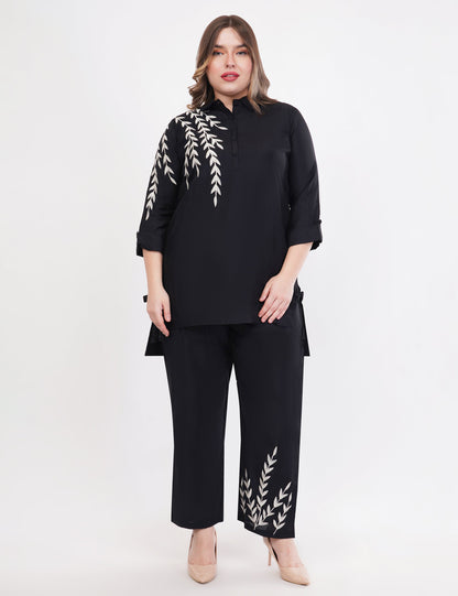 Black Roman Silk Embroidered Shirt Co-Ord Set With Asymmetric Hem  - Set Of 2