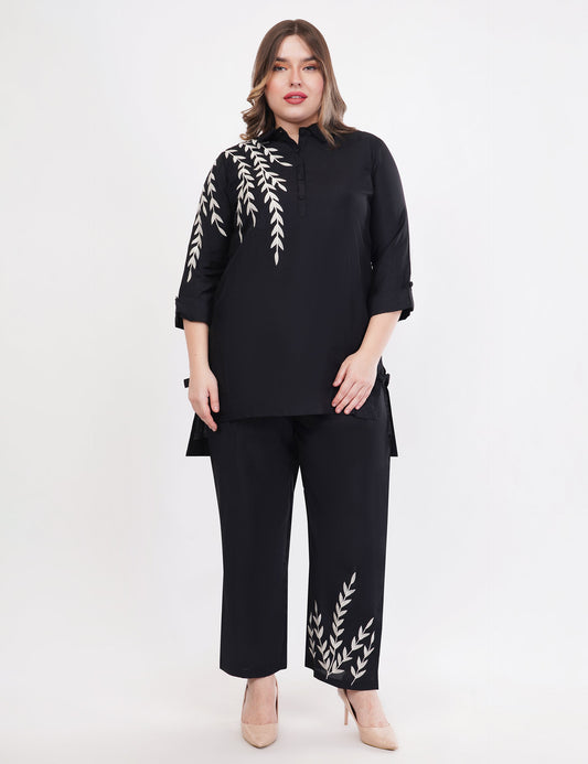 Black Roman Silk Embroidered Shirt Co-Ord Set With Asymmetric Hem  - Set Of 2