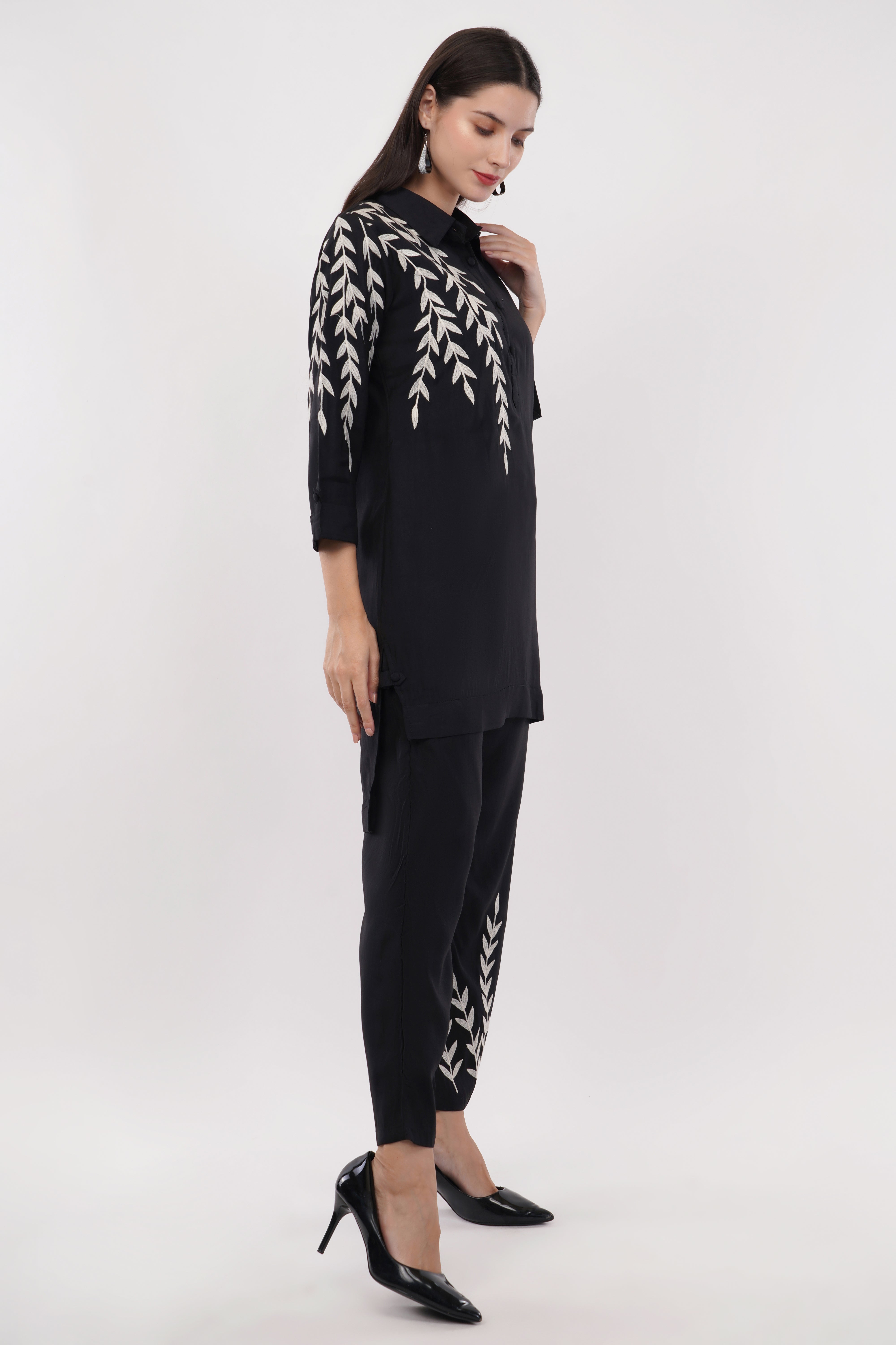 Black Roman Silk Embroidered Shirt Co-Ord Set With Asymmetric Hem  - Set Of 2