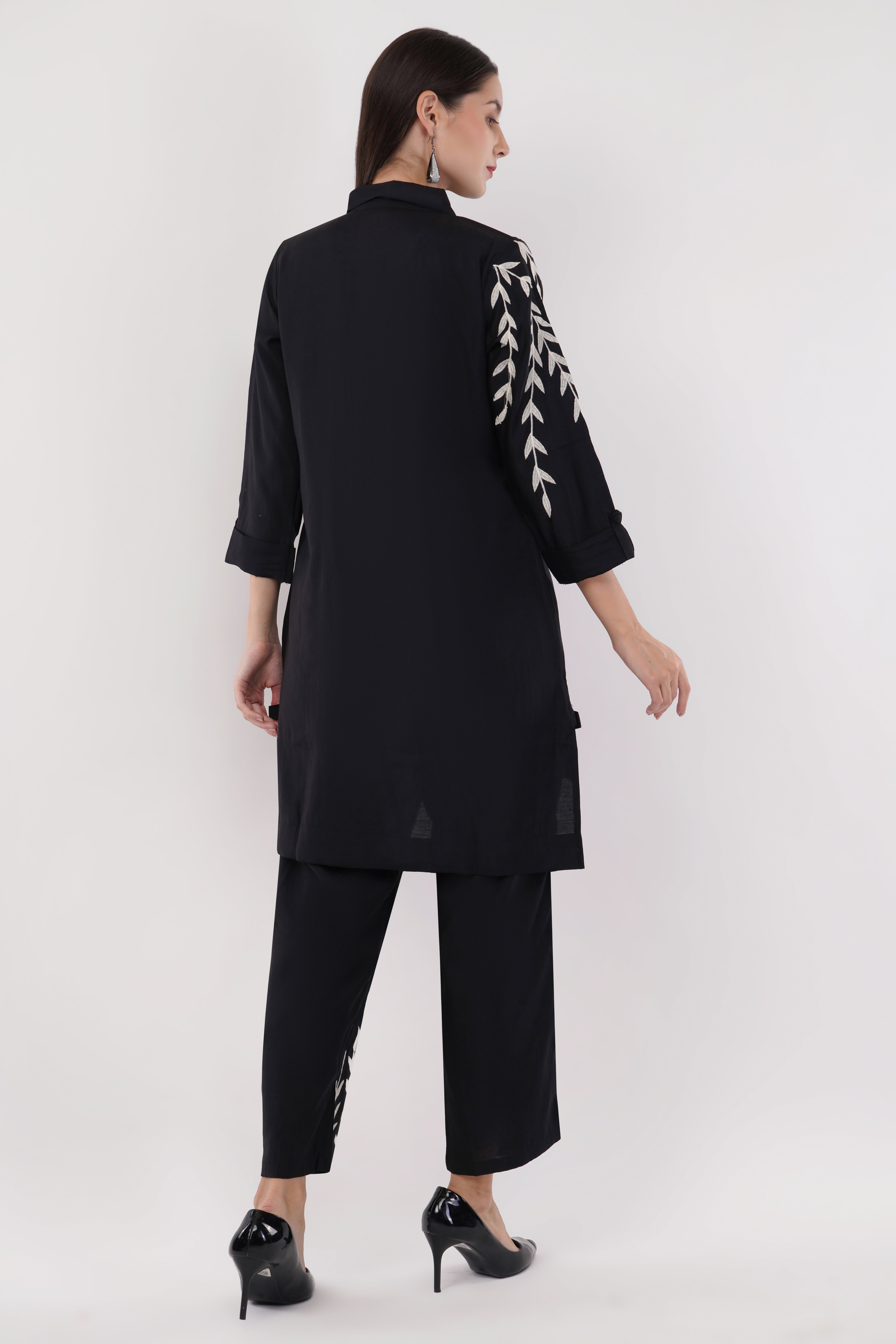 Black Roman Silk Embroidered Shirt Co-Ord Set With Asymmetric Hem  - Set Of 2