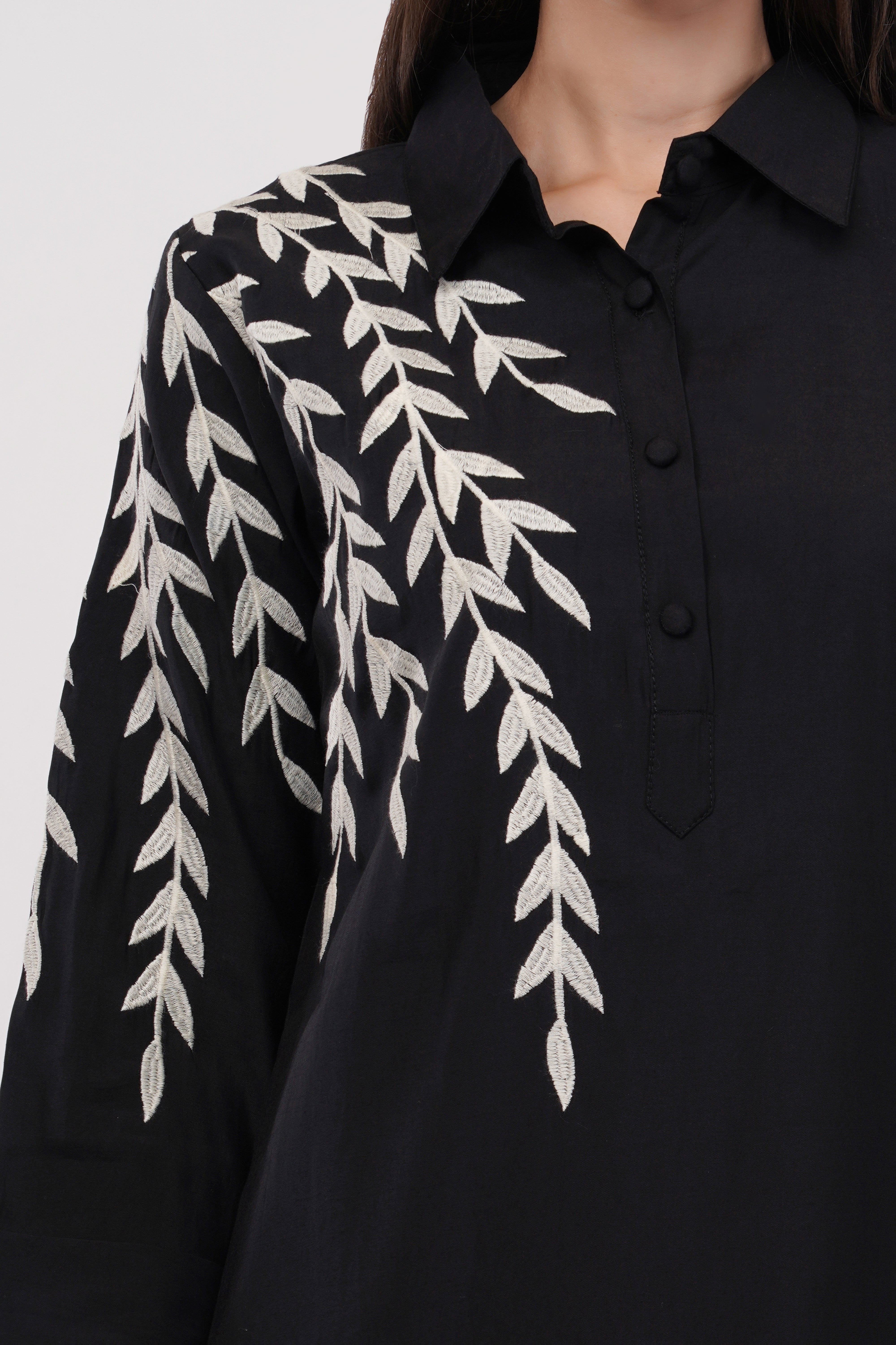 Black Roman Silk Embroidered Shirt Co-Ord Set With Asymmetric Hem  - Set Of 2