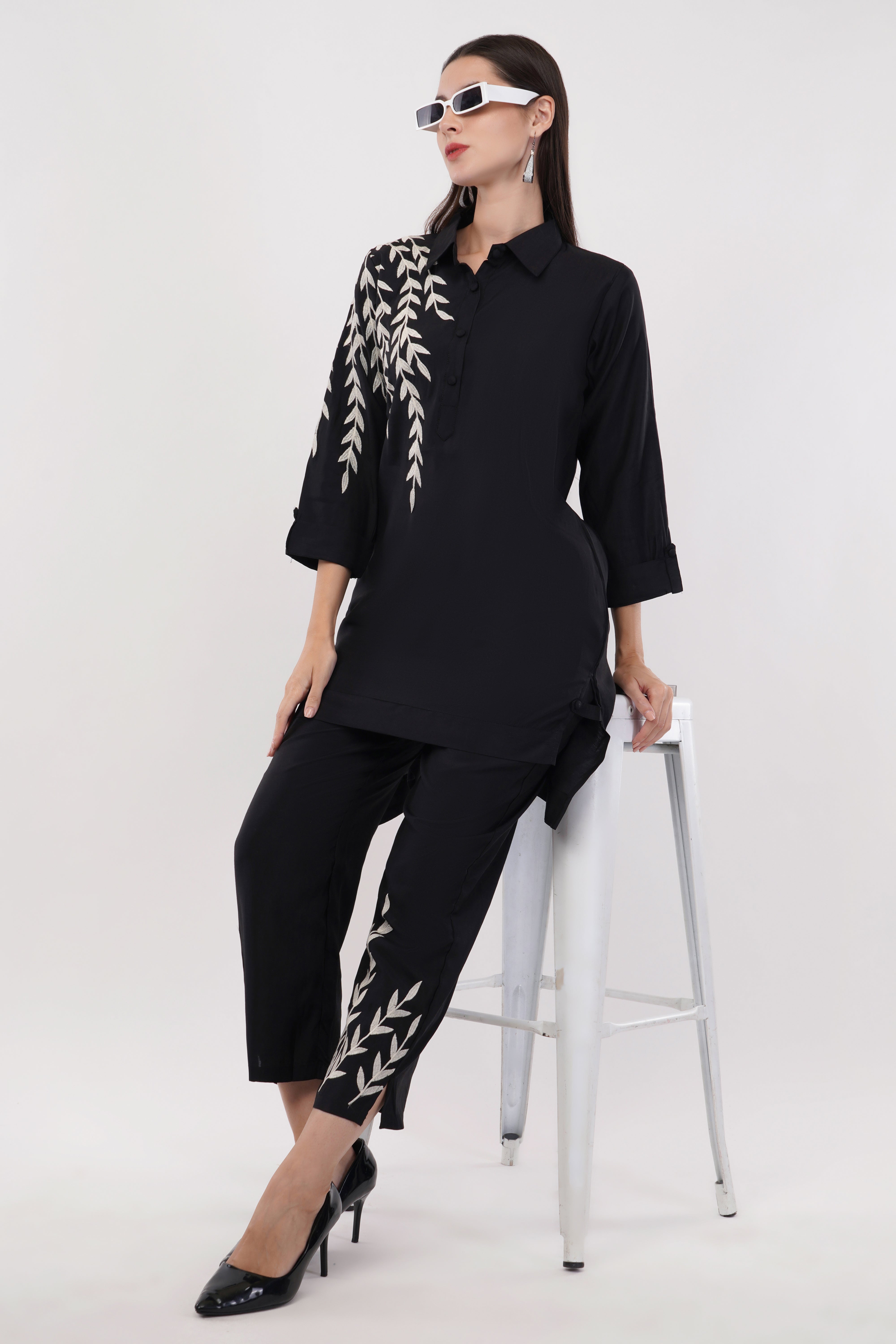 Black Roman Silk Embroidered Shirt Co-Ord Set With Asymmetric Hem  - Set Of 2