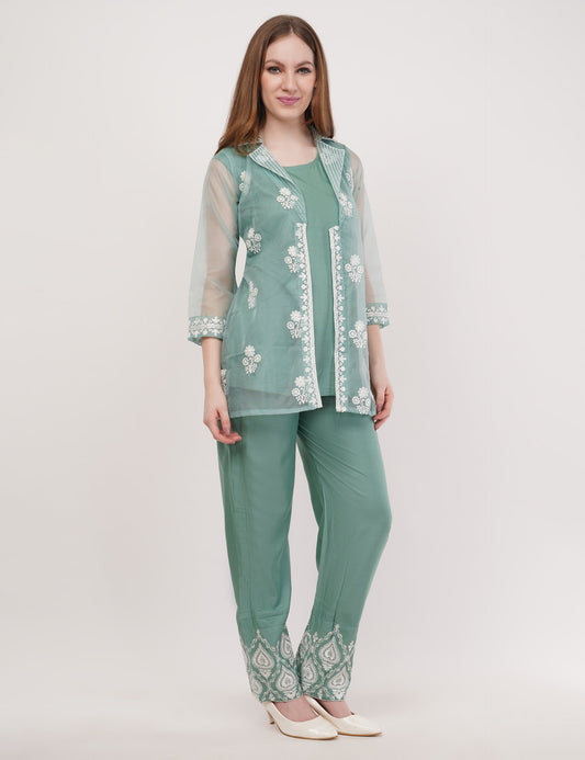 Green Embroidered Organza Co-Ord Set - Set Of 3