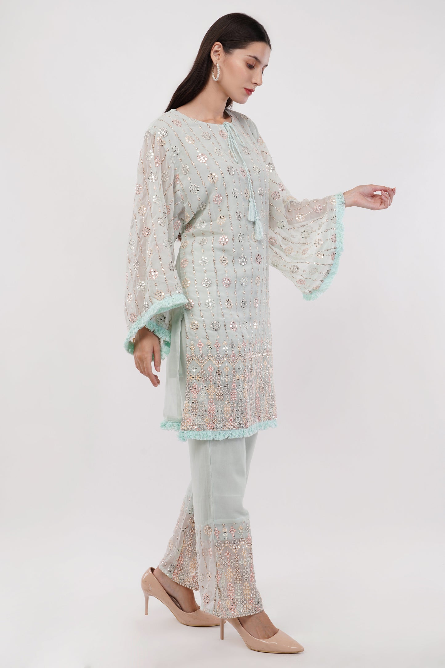 Women Light Blue Georgette Embroidered Pastel Co-Ord Set - Set Of 2