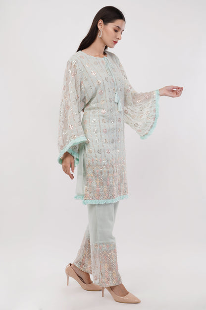 Women Light Blue Georgette Embroidered Pastel Co-Ord Set - Set Of 2