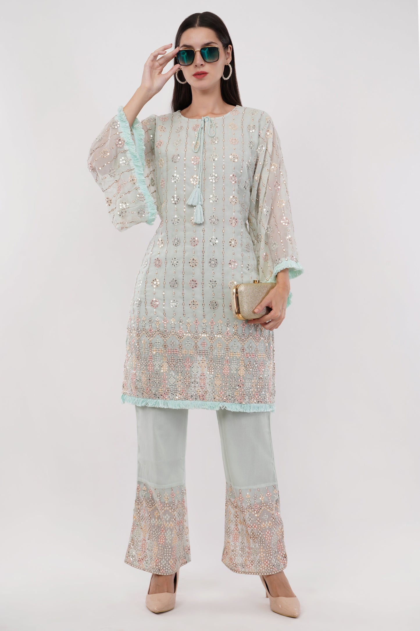 Women Light Blue Georgette Embroidered Pastel Co-Ord Set - Set Of 2