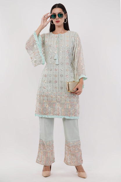 Women Light Blue Georgette Embroidered Pastel Co-Ord Set - Set Of 2