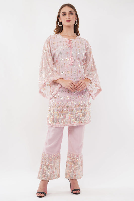 Light Pink Georgette Embroidered Pastel Co-Ord Set - Set Of 2