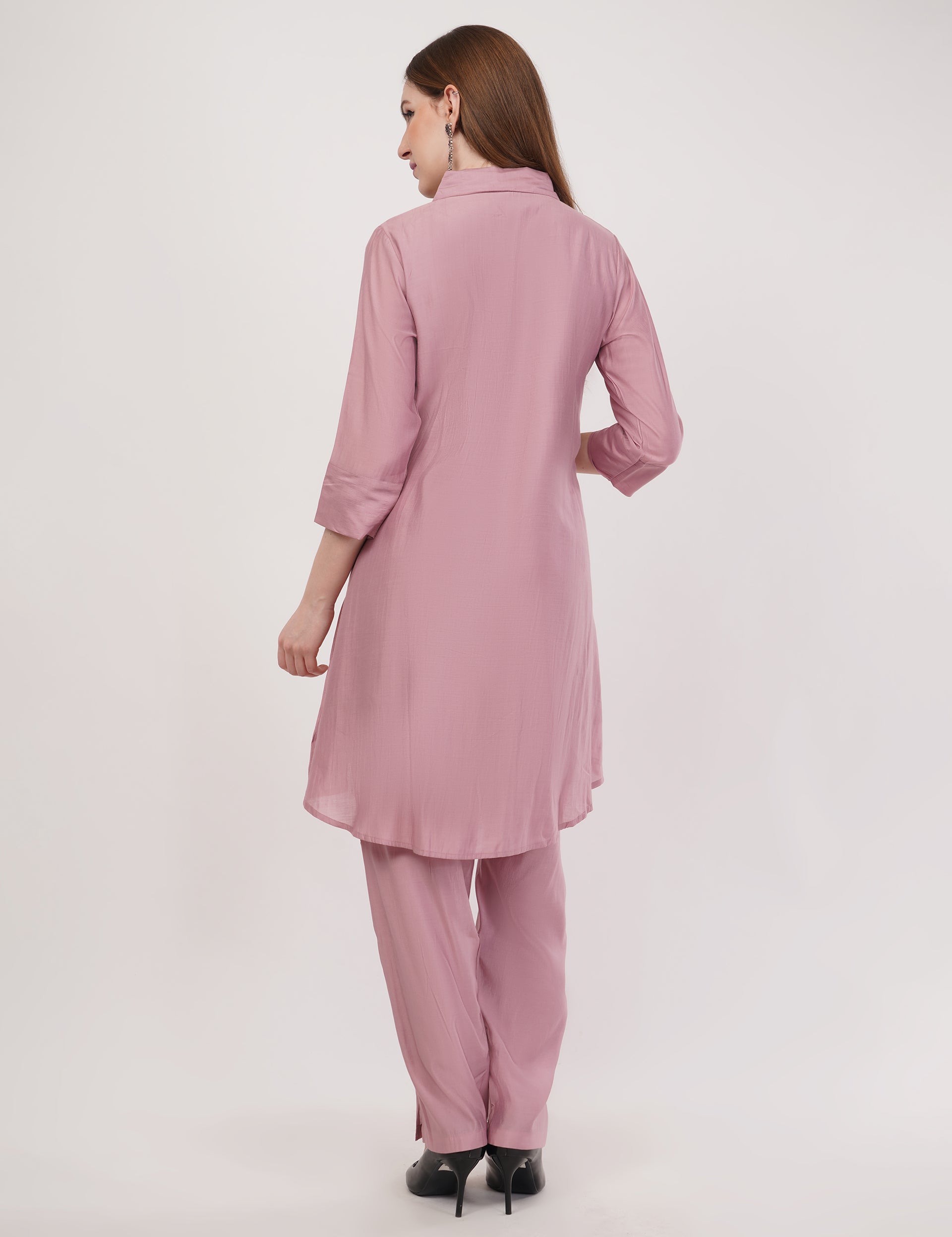 Light Pink Roman Silk Embroidered Shirt Co-Ord Set With Asymmetric Hem  - Set Of 2
