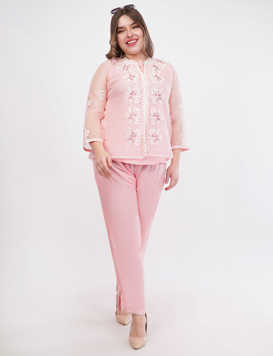 Light Pink Embroidered Organza Co-Ord Set - Set Of 3