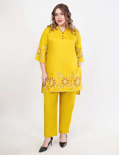 Mustard Roman Silk Co-Ord Set With Embroidery - Set Of 2