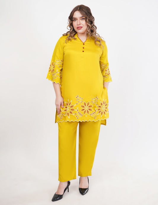 Mustard Roman Silk Co-Ord Set With Embroidery - Set Of 2
