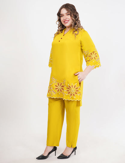 Mustard Roman Silk Co-Ord Set With Embroidery - Set Of 2