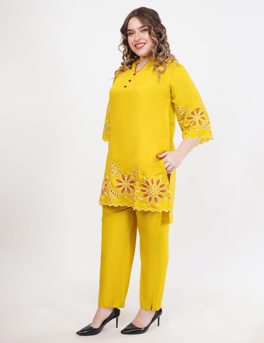 Mustard Roman Silk Co-Ord Set With Embroidery - Set Of 2