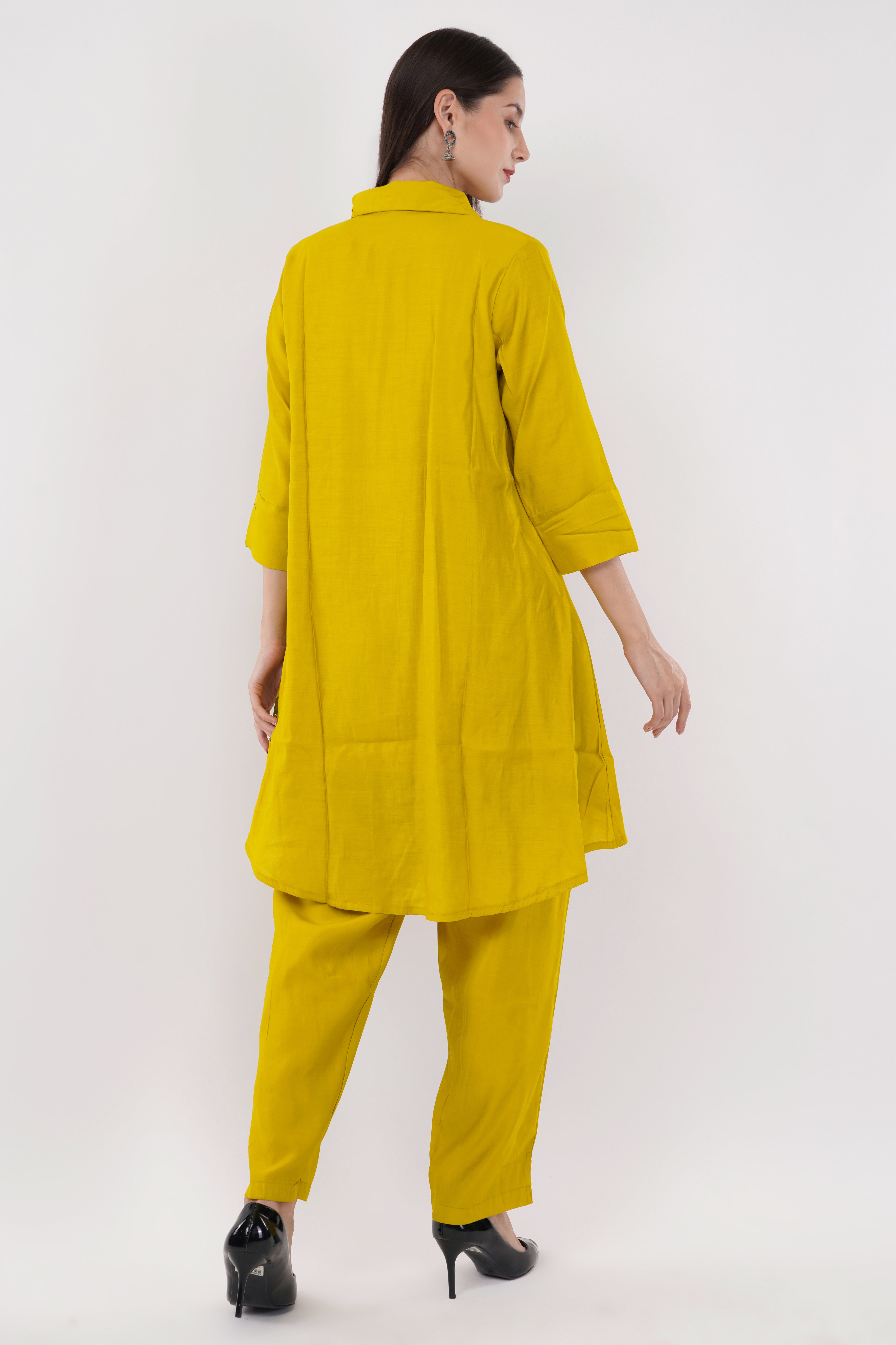 Mustard Roman Silk Embroidered Shirt Co-Ord Set With Asymmetric Hem  - Set Of 2