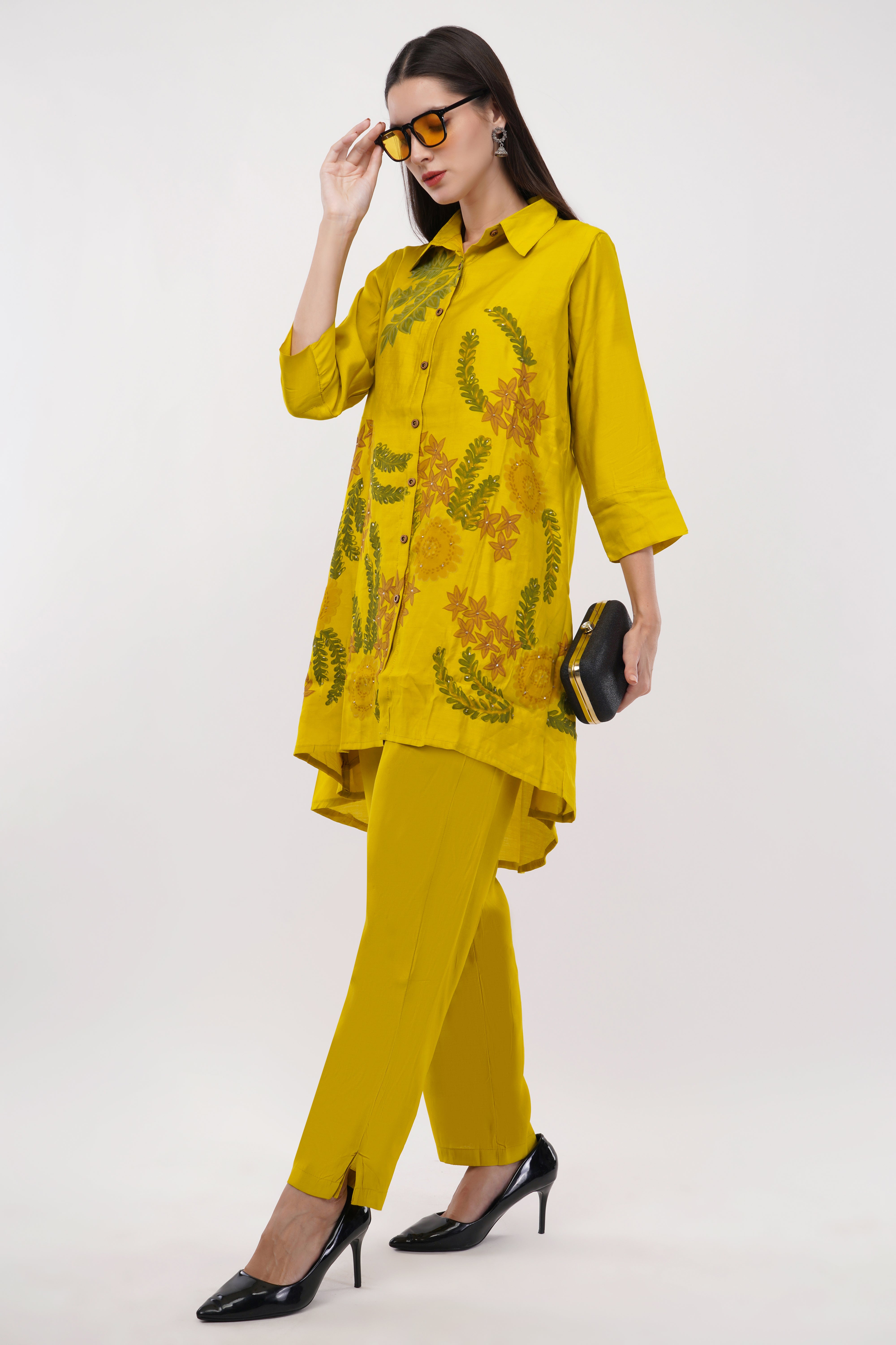 Mustard Roman Silk Embroidered Shirt Co-Ord Set With Asymmetric Hem  - Set Of 2