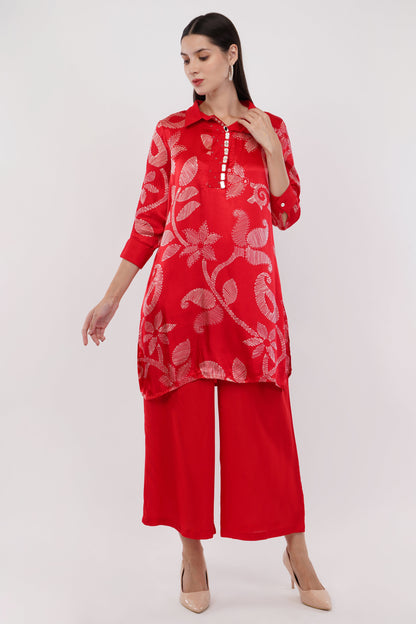 Red Gaji Silk Printed Shirt Co-Ord Set - Set Of 2