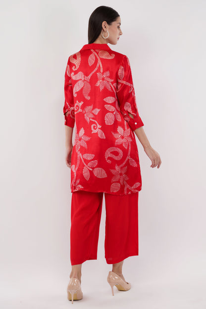 Red Gaji Silk Printed Shirt Co-Ord Set - Set Of 2