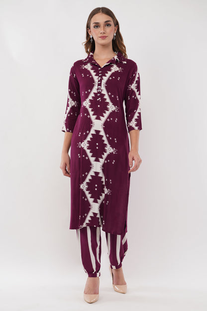 Abstract Print Ethnic Wine Co-Ord Set With Embroidered Neck Placket - Set Of 2