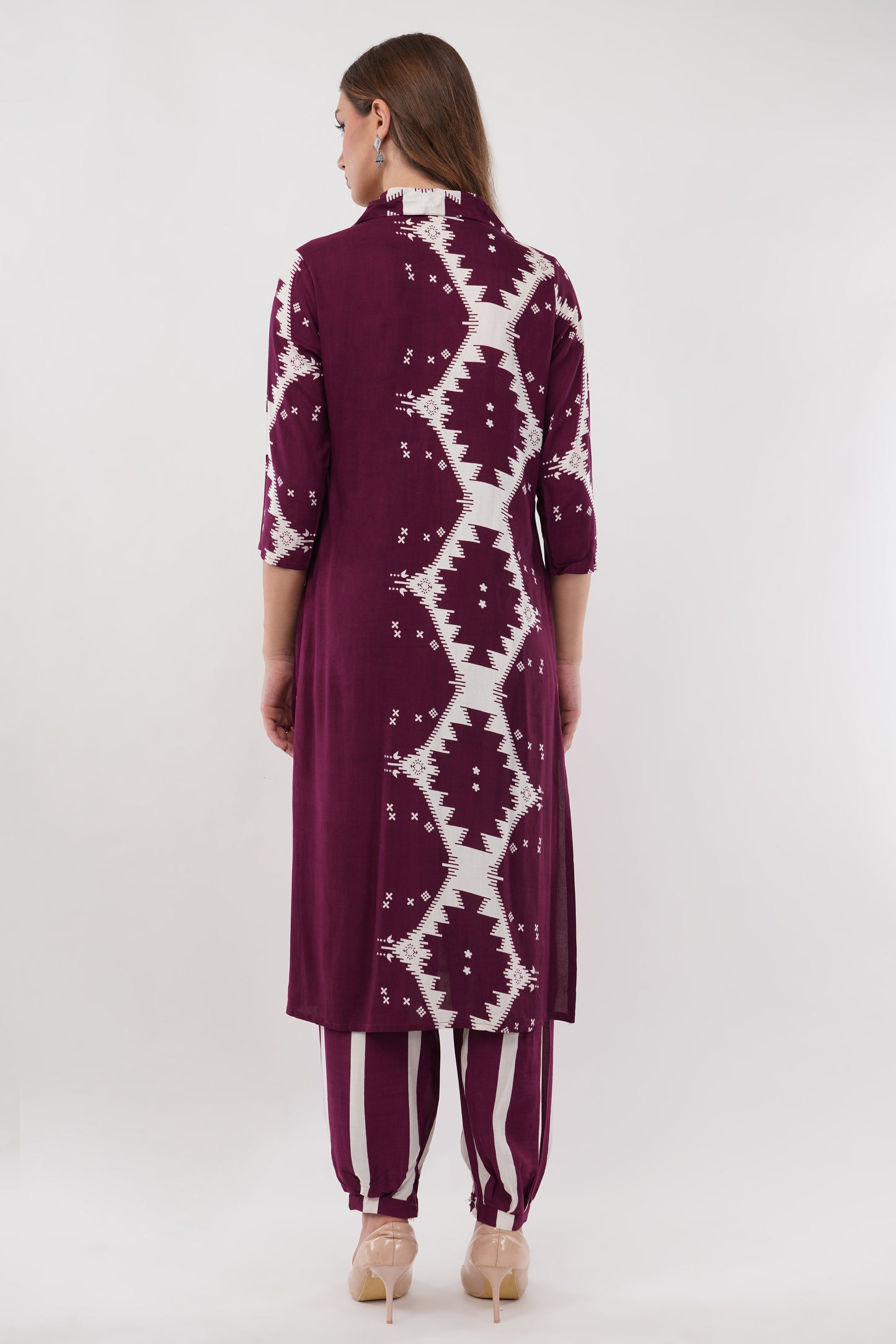 Abstract Print Ethnic Wine Co-Ord Set With Embroidered Neck Placket - Set Of 2