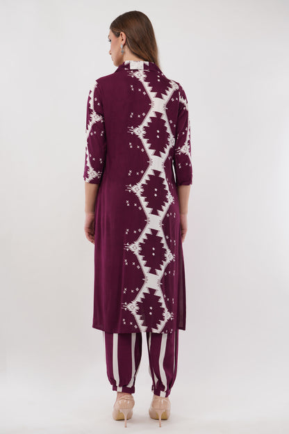 Abstract Print Ethnic Wine Co-Ord Set With Embroidered Neck Placket - Set Of 2