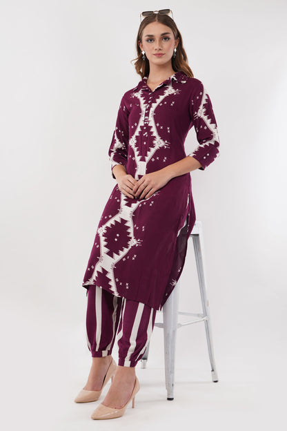 Abstract Print Ethnic Wine Co-Ord Set With Embroidered Neck Placket - Set Of 2