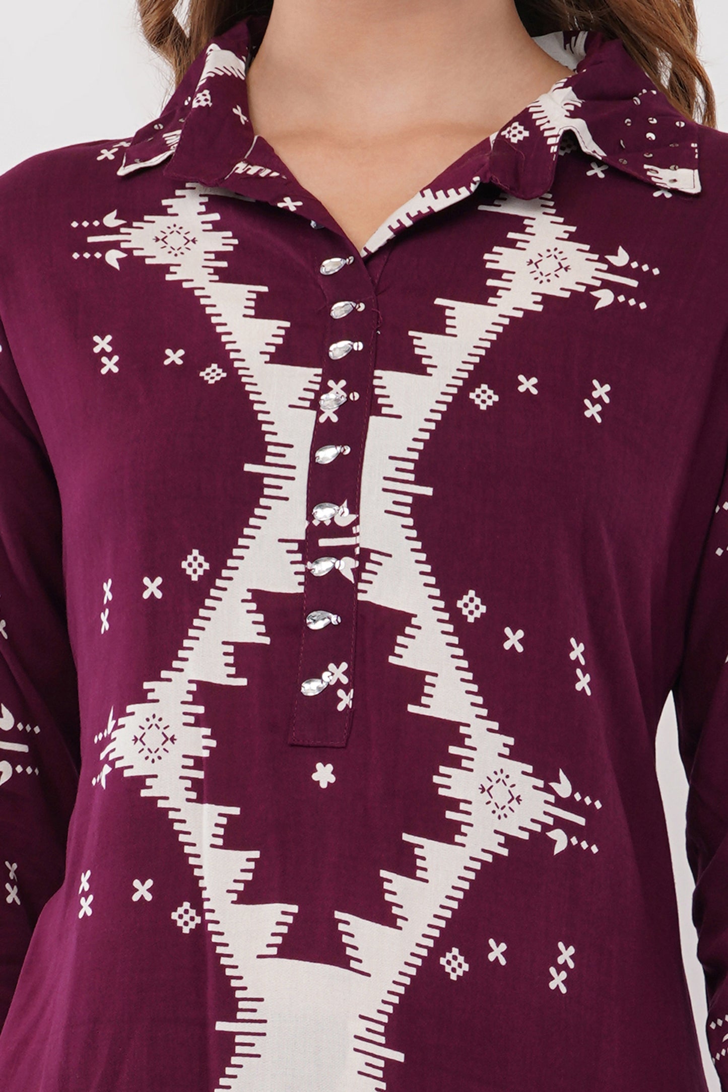 Abstract Print Ethnic Wine Co-Ord Set With Embroidered Neck Placket - Set Of 2