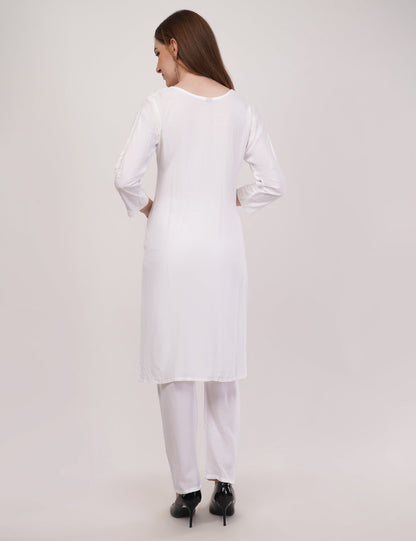 White Ethnic Kurti Co-Ord Set With White Embroidery - Set Of 2