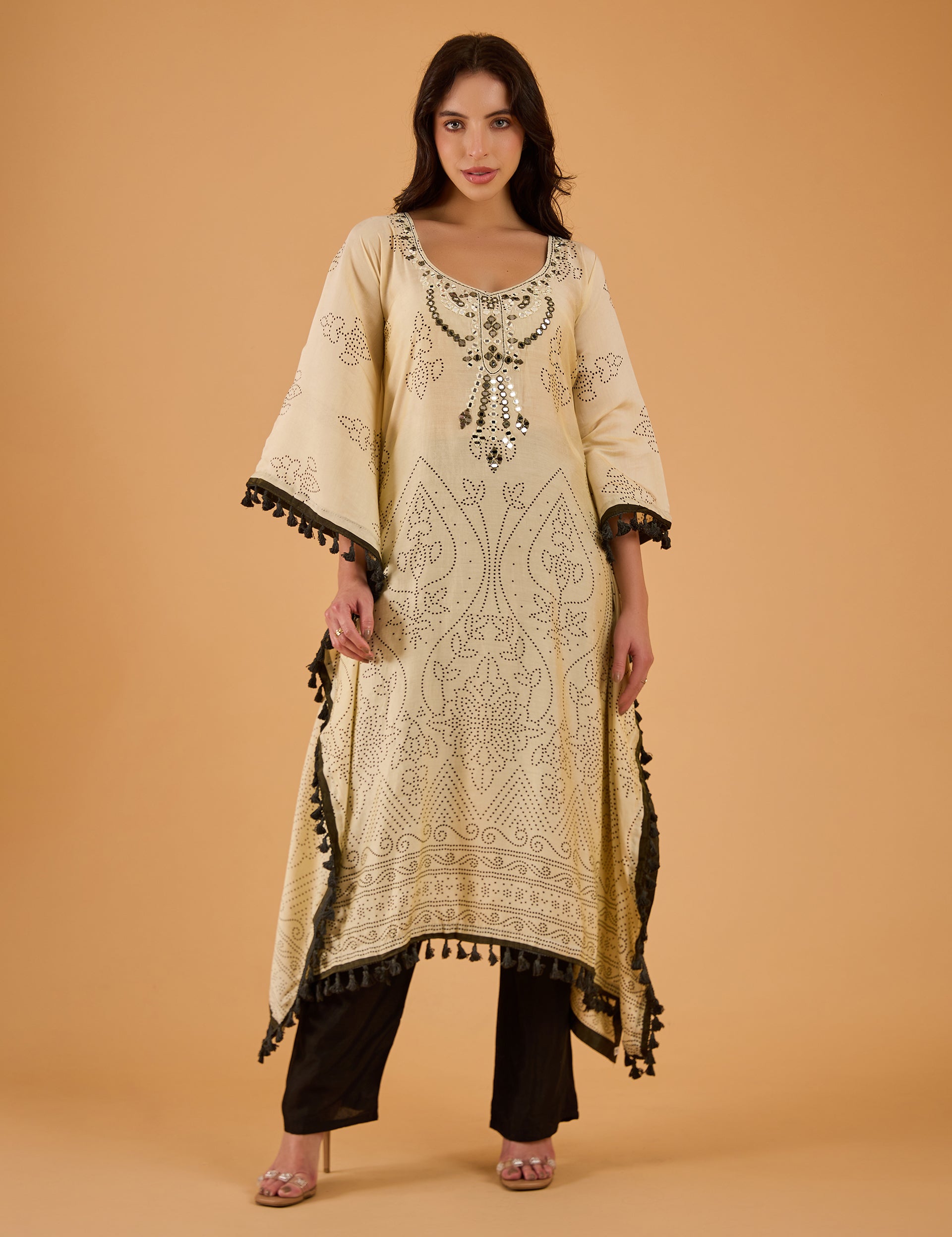dhartii  Off-White Ethnic Print Silk Fusion Kaftan