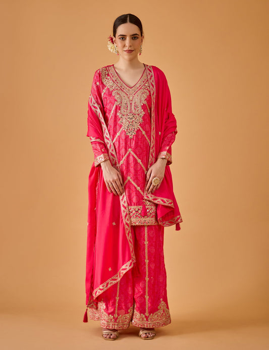 dhartii  Gulabi Pink Embroidered Chinon Sharara Ensemble