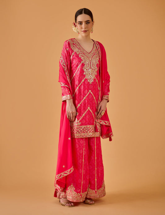 dhartii  Gulabi Pink Embroidered Chinon Sharara Ensemble