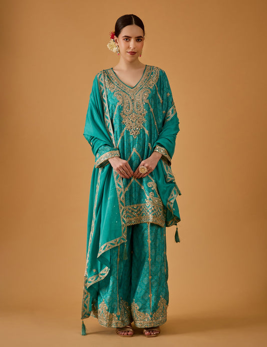 dhartii  Sea Green Machine Embroidery Ethnic  Chinon Sharara Set