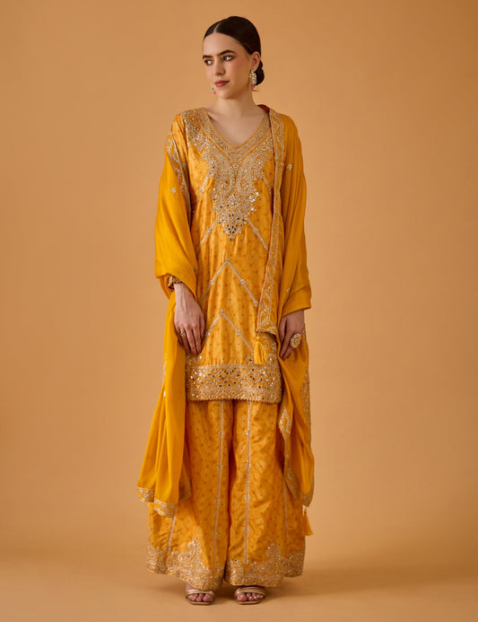 dhartii  Bright Radiant yellow Embroidered Chinon Sharara Set