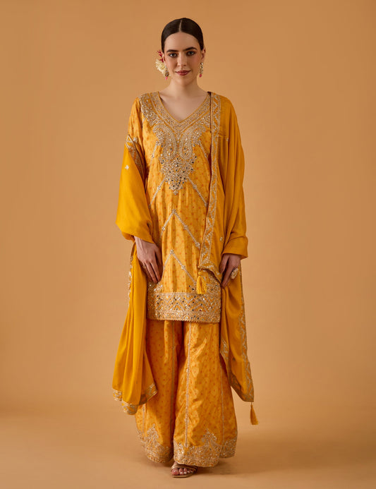 dhartii  Bright Radiant yellow Embroidered Chinon Sharara Set