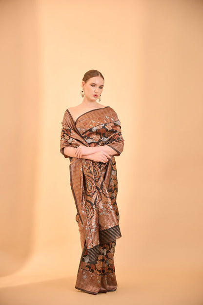 Black Banarasi Silk Saree with Intricate Gold and Copper Zari Work