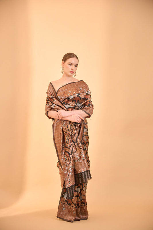 Black Banarasi Silk Saree with Intricate Gold and Copper Zari Work