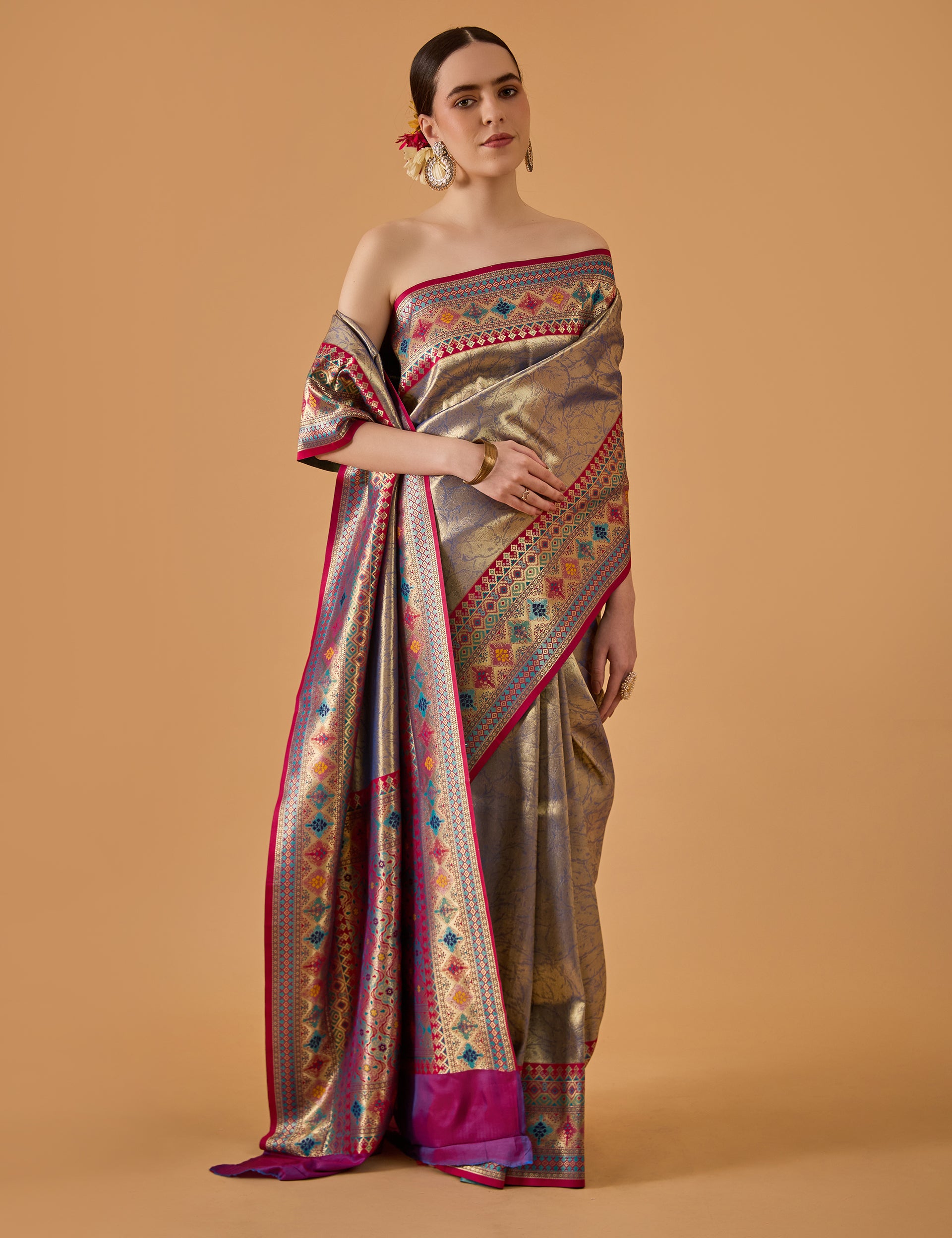 dhartii  Stone Blue Jacquard Solid Silk Blend Saree