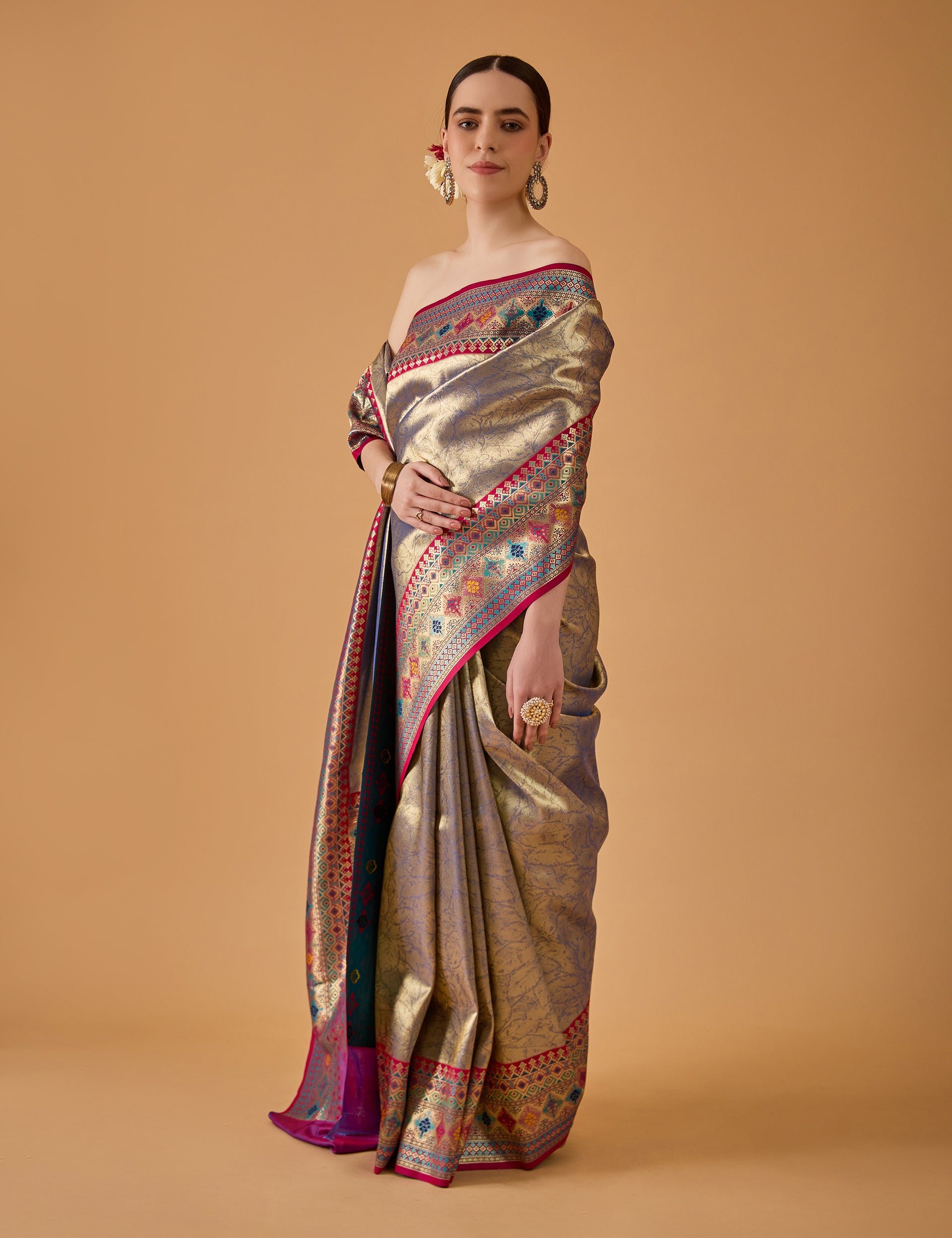 dhartii  Stone Blue Jacquard Solid Silk Blend Saree