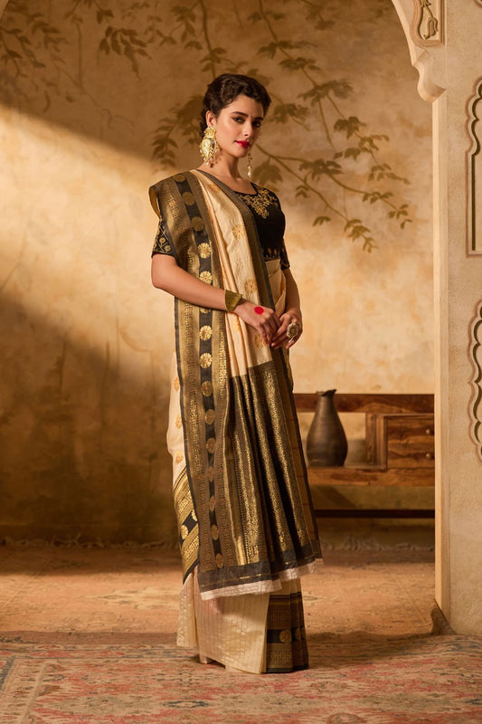 Cream & Black Kanjivaram Silk Saree With Gold Zari Motifs